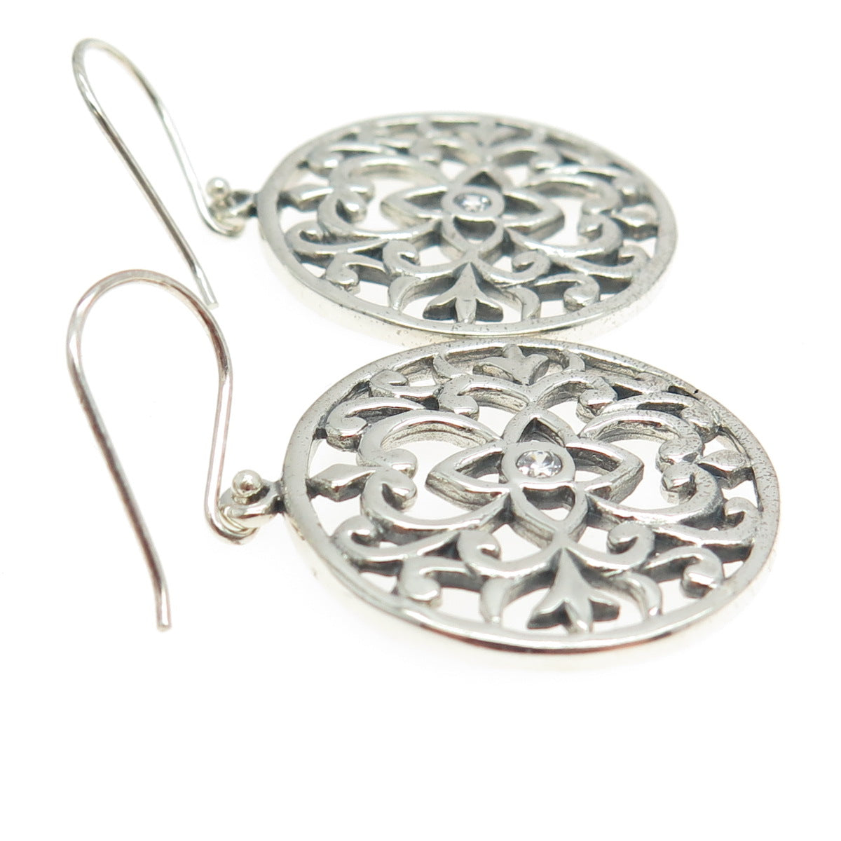 925 Sterling Silver Round-Cut C Z Ornate Floral Round Dangling Earrings