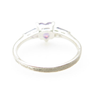 925 Sterling Silver Heart & Tapered Baguette Purple C Z Ring Size 6.25