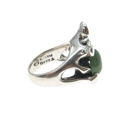 950 Silver Vintage Mexico Real Jade Modernist Oxidized Ring Size 8.25