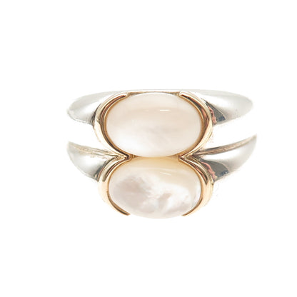 925 Sterling Silver 14K Gold Vintage Real Pearl Modernist 2-Row Ring Size 10.25