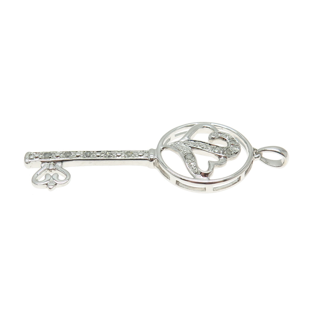 925 Sterling Silver Real Round-Cut Diamond Heart Key Pendant