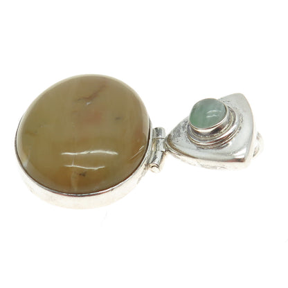 925 Sterling Silver Vintage Real Sand Agate & Aquamarine Gemstone Pendant