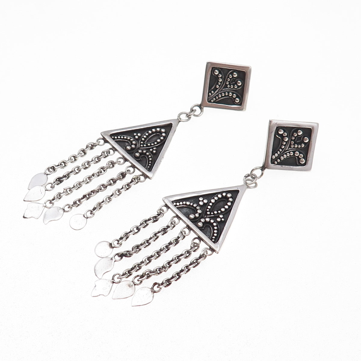 Suarti Bali Sterling Silver Vintage Granulated Scroll Oxidized Dangle Earrings