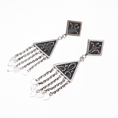 Suarti Bali Sterling Silver Vintage Granulated Scroll Oxidized Dangle Earrings
