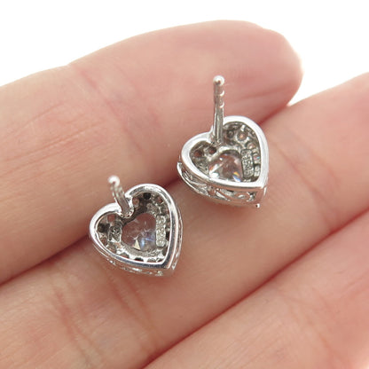 925 Sterling Silver Round-Cut C Z Heart Stud Earrings