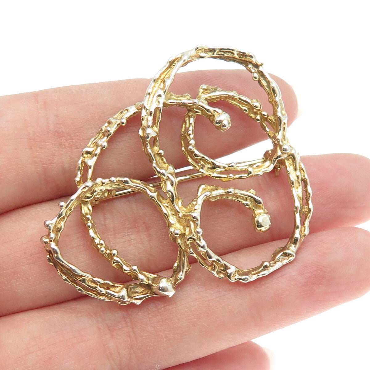 925 Sterling Silver Gold Plated Vintage Nugget Modernist Swirl Pin Brooch
