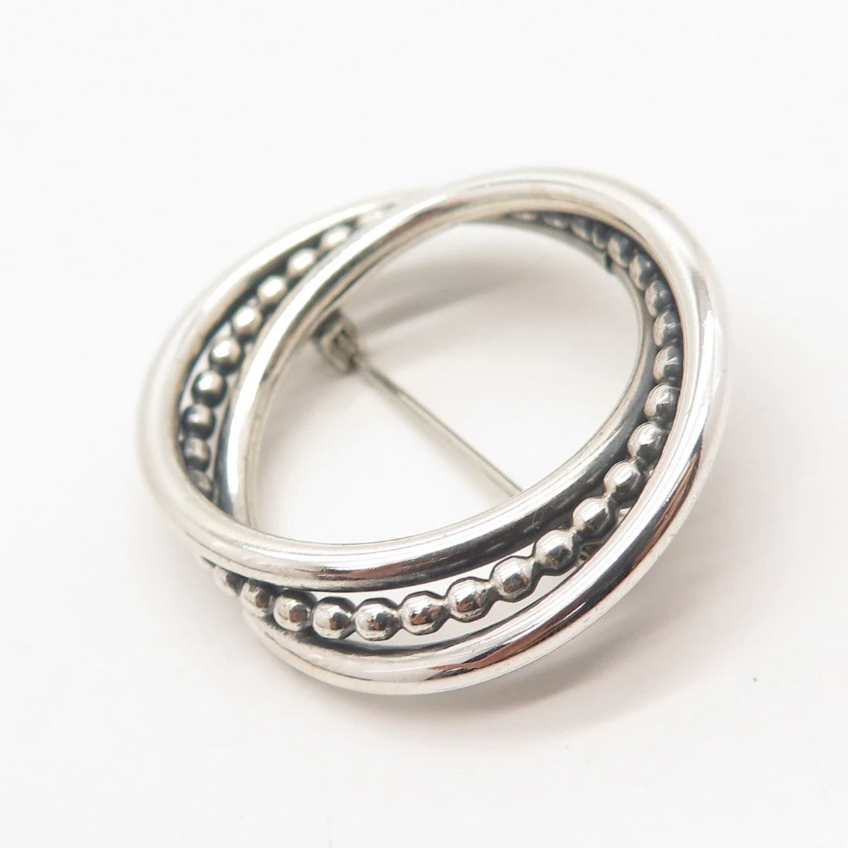 925 Sterling Silver Vintage BEAU Triple Circle Beaded Pin Brooch