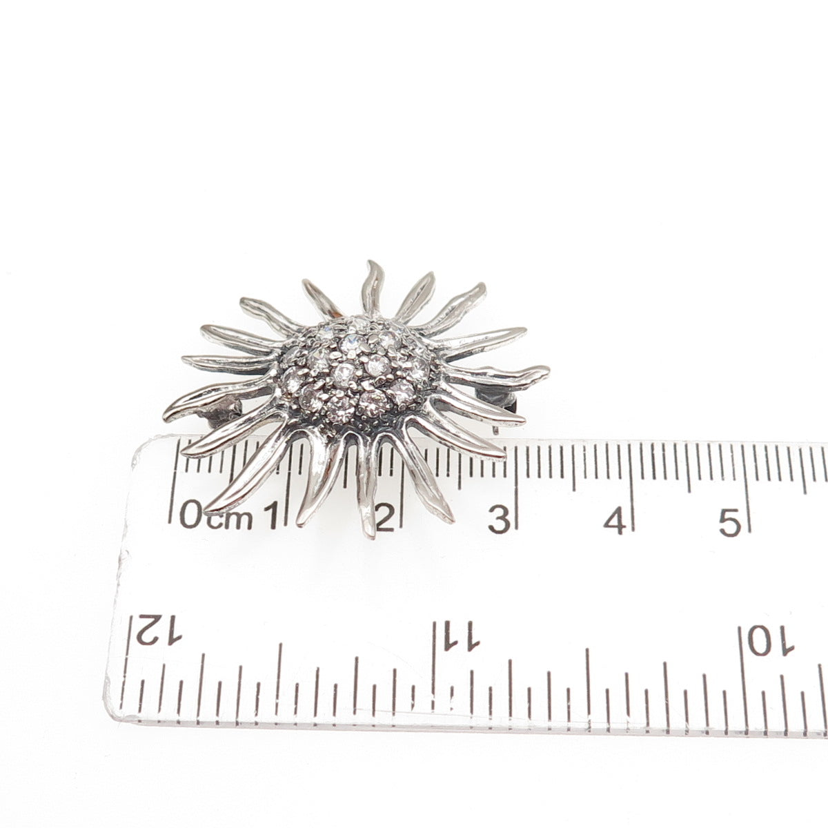 925 Sterling Silver Vintage Round-Cut C Z Modernist Floral Oxidized Pin Brooch