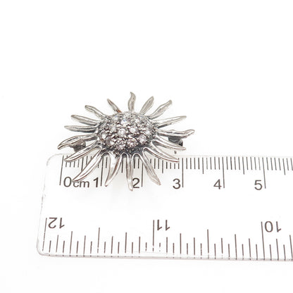 925 Sterling Silver Vintage Round-Cut C Z Modernist Floral Oxidized Pin Brooch