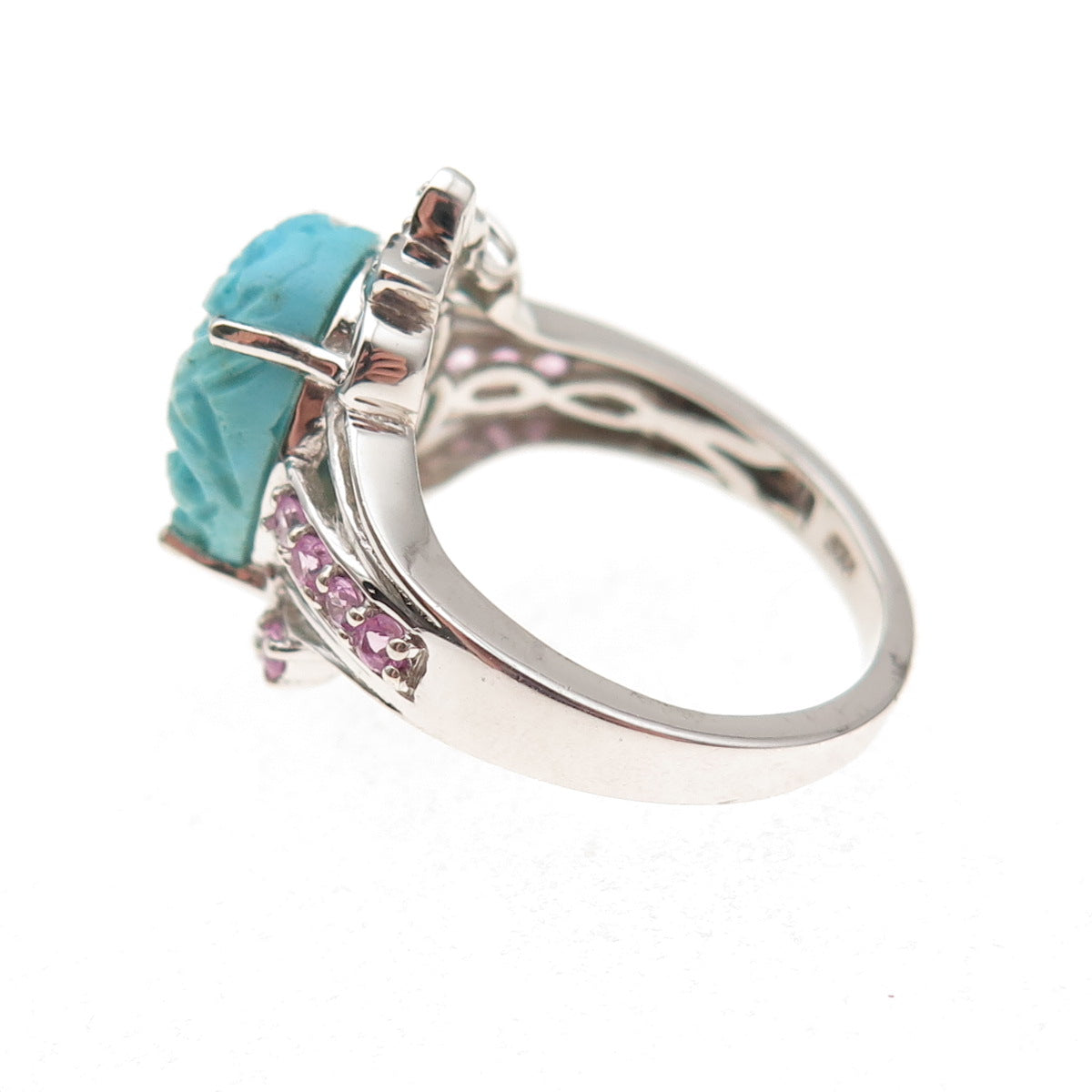 Chuck Clemency 925 Sterling Real Turquoise Pink & White Topaz Floral Ring Size 8
