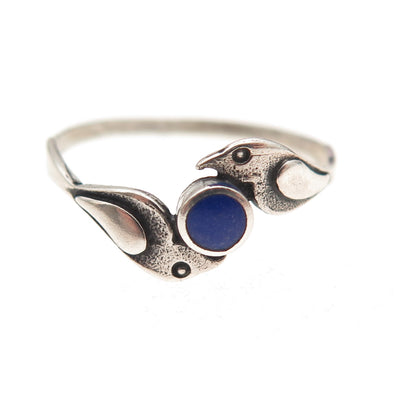 925 Sterling Silver Vintage Real Lapis Two Birds Oxidized Ring Size 7.25