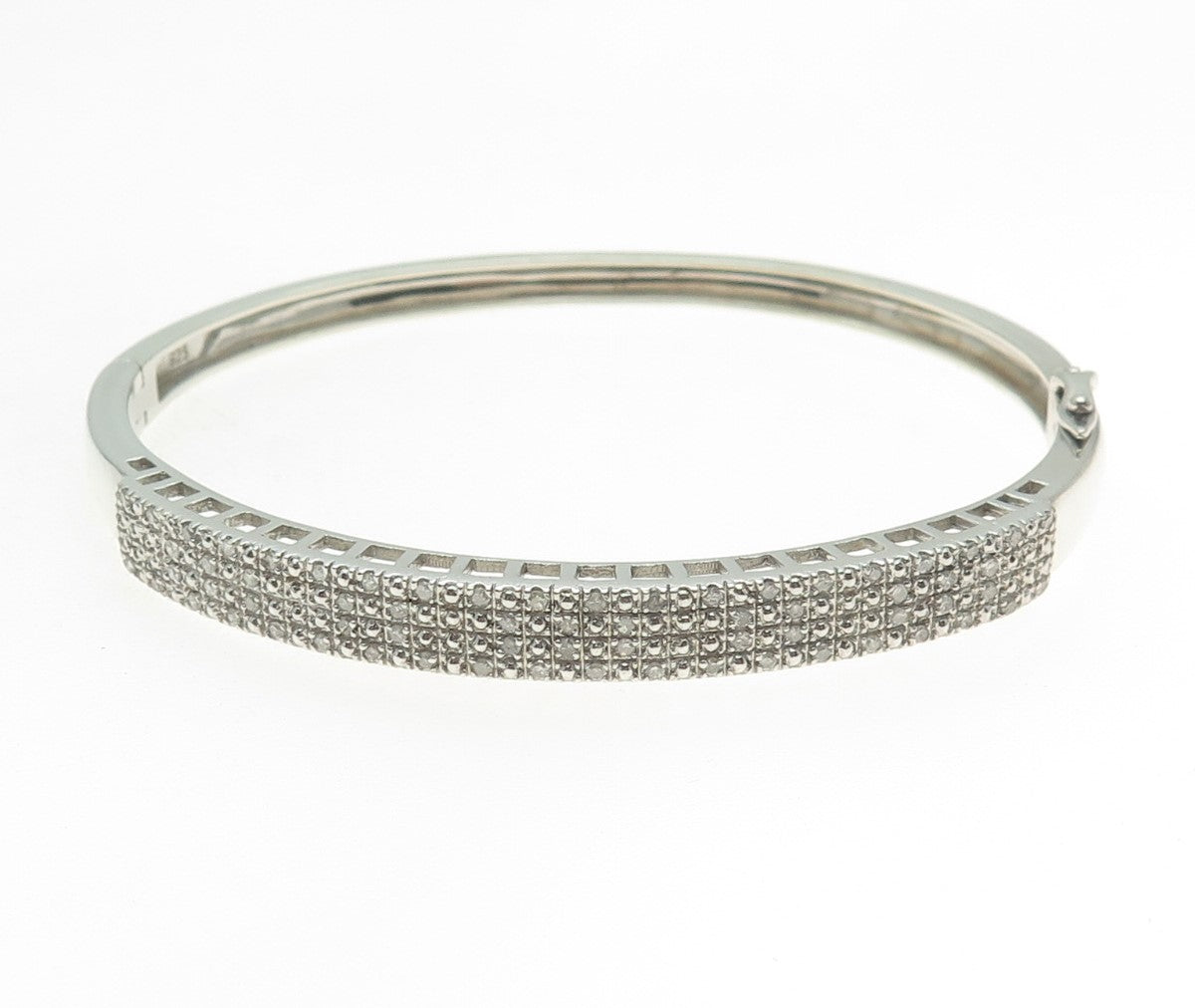 925 Sterling Silver Real Round-Cut Diamond Bangle Bracelet 7.25"