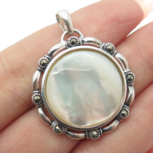 925 Sterling Silver Vintage Real Mother-of-Pearl & Marcasite Wheel Pendant