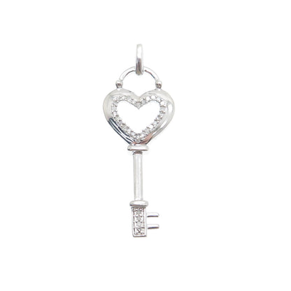 HN HENG NGAI 925 Sterling Silver Real Round-Cut Diamond Heart Key Charm Pendant