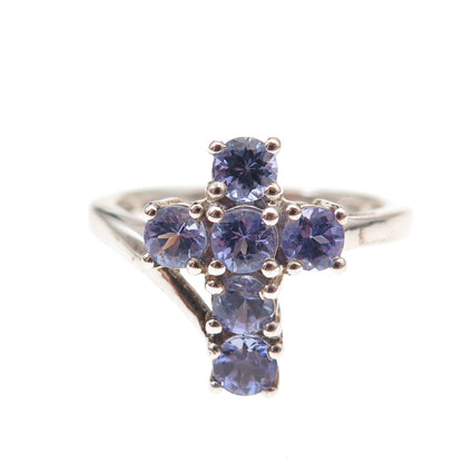 Chuck Clemency 925 Sterling Silver Real Round-Cut Tanzanite Cross Ring Size 7