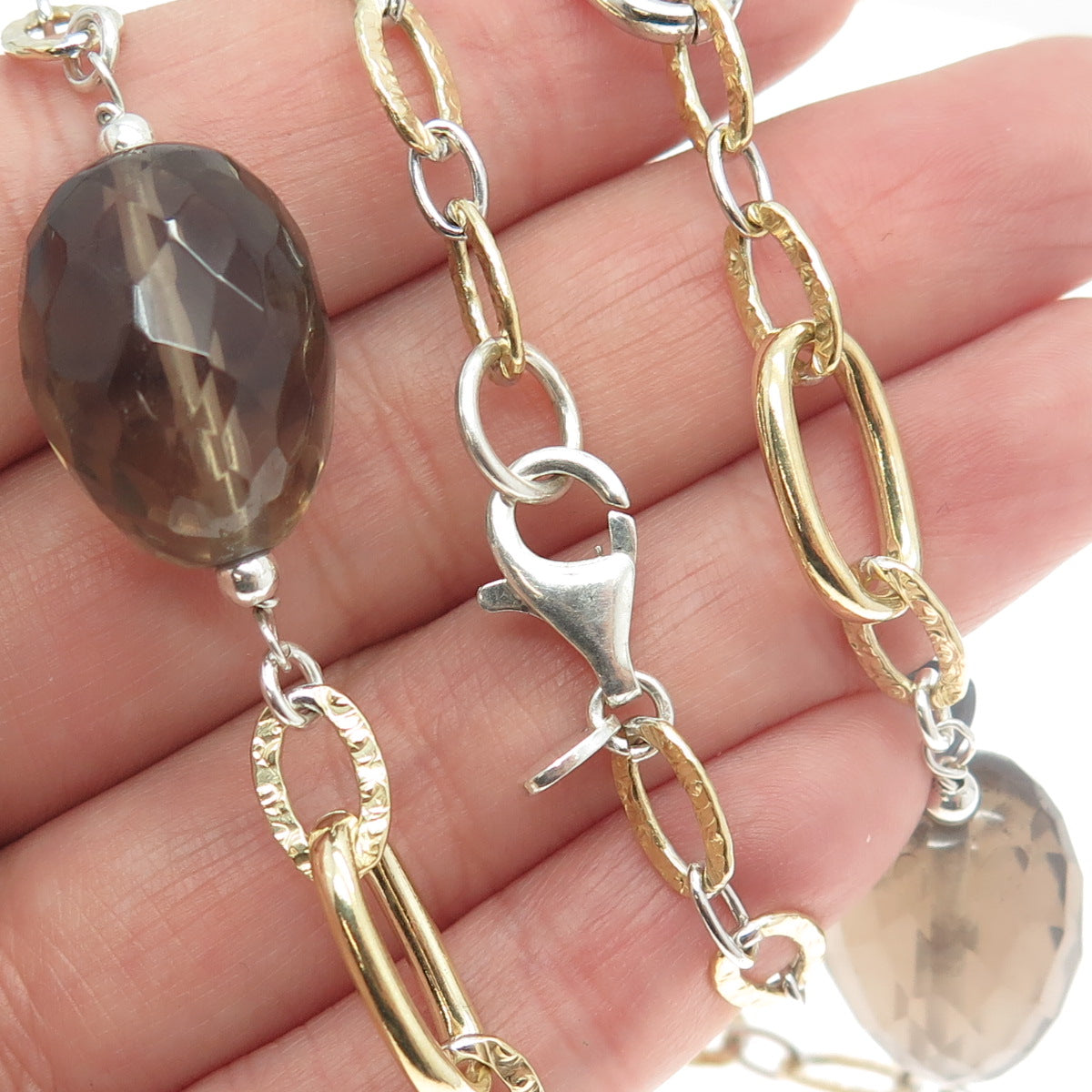 925 Sterling Silver 2-Tone Vintage Italy Real Smoky Quartz Chain Necklace 18"