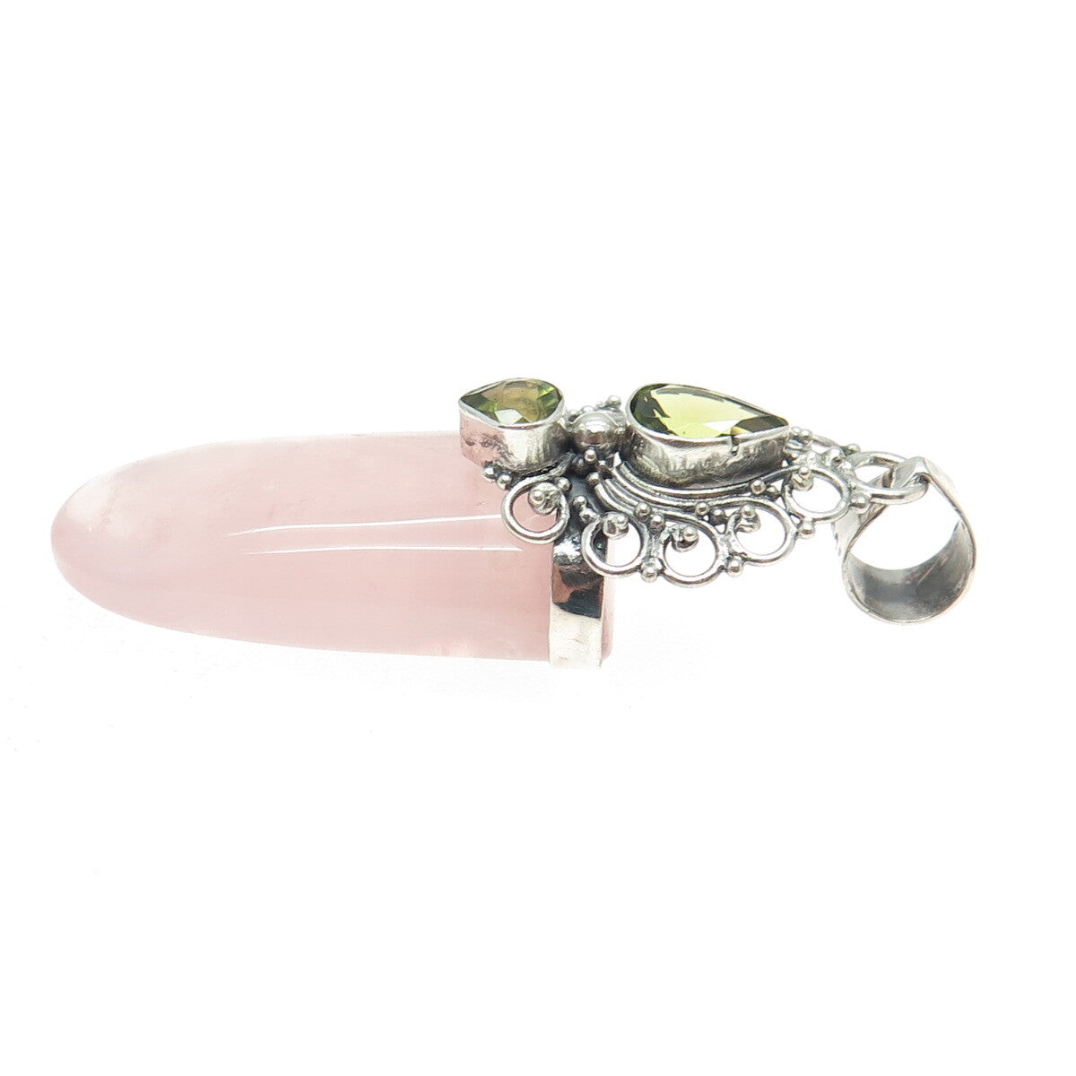 925 Sterling Silver Vintage Real Rose Quartz & Peridot Gemstone Amulet Pendant