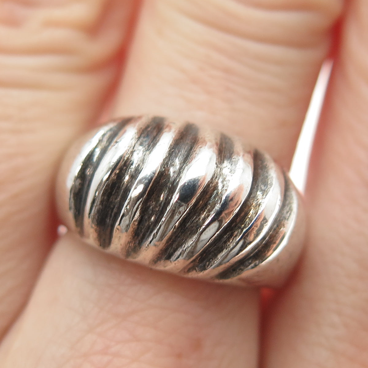 925 Sterling Silver Vintage Mexico Modernist Ribbed Oxidized Ring Size 8