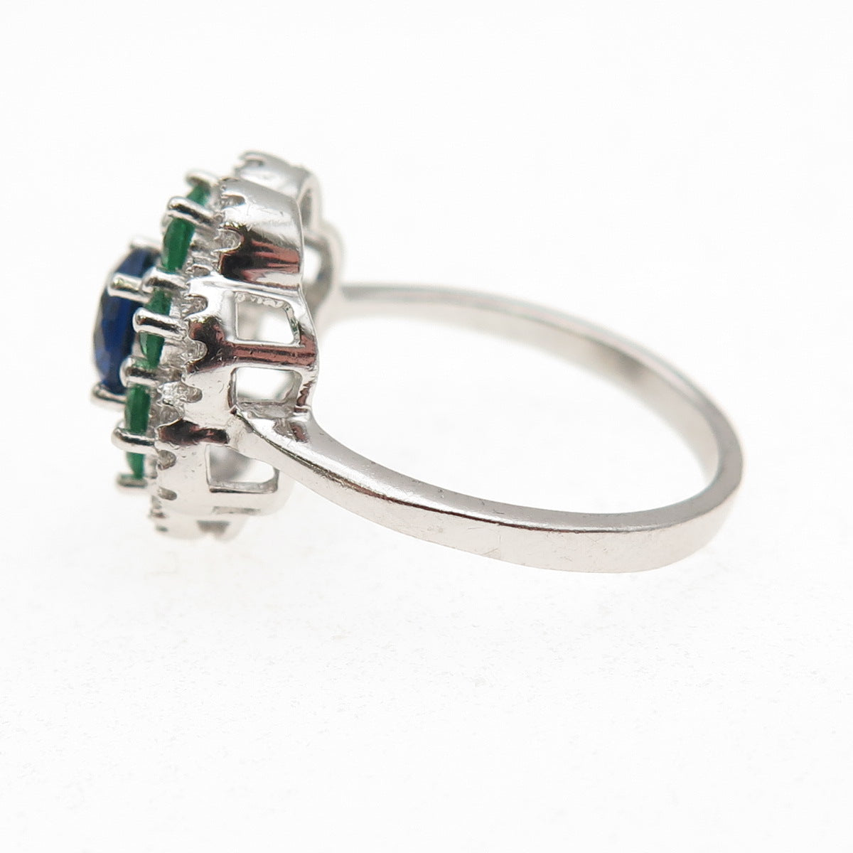 925 Sterling Silver Round-Cut Blue Green & White C Z Floral Ring Size 7.75