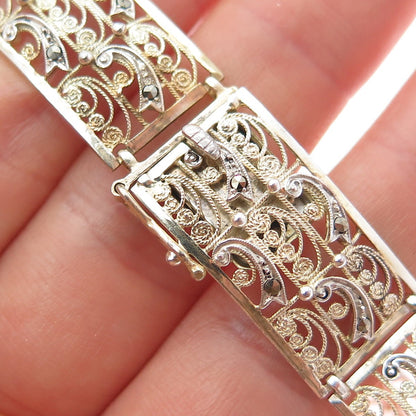 800 Silver Gold Plated Antique Art Deco Real Marcasite Filigree Bracelet 7.25"