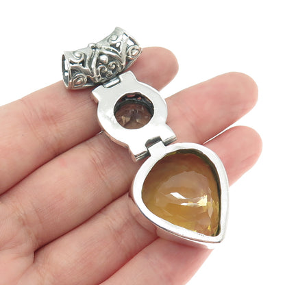 925 Sterling Silver Vintage Real Smoky Quartz & Citrine Gem Ornate Slide Pendant