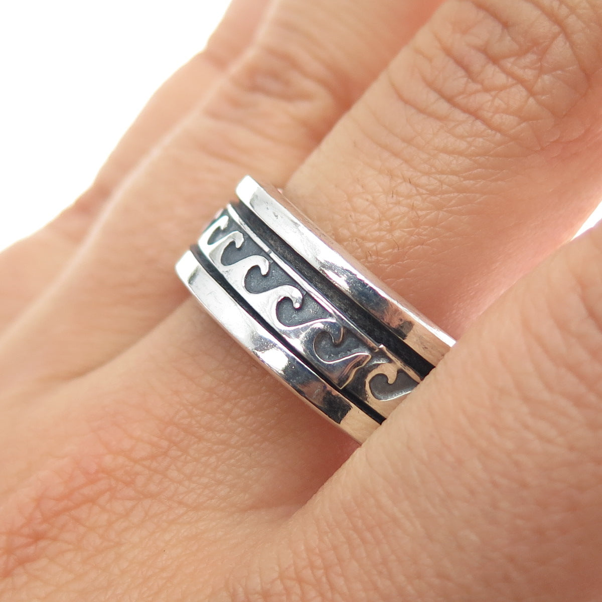 925 Sterling Silver Vintage Wave Rotating Band Oxidized Ring Size 12.75