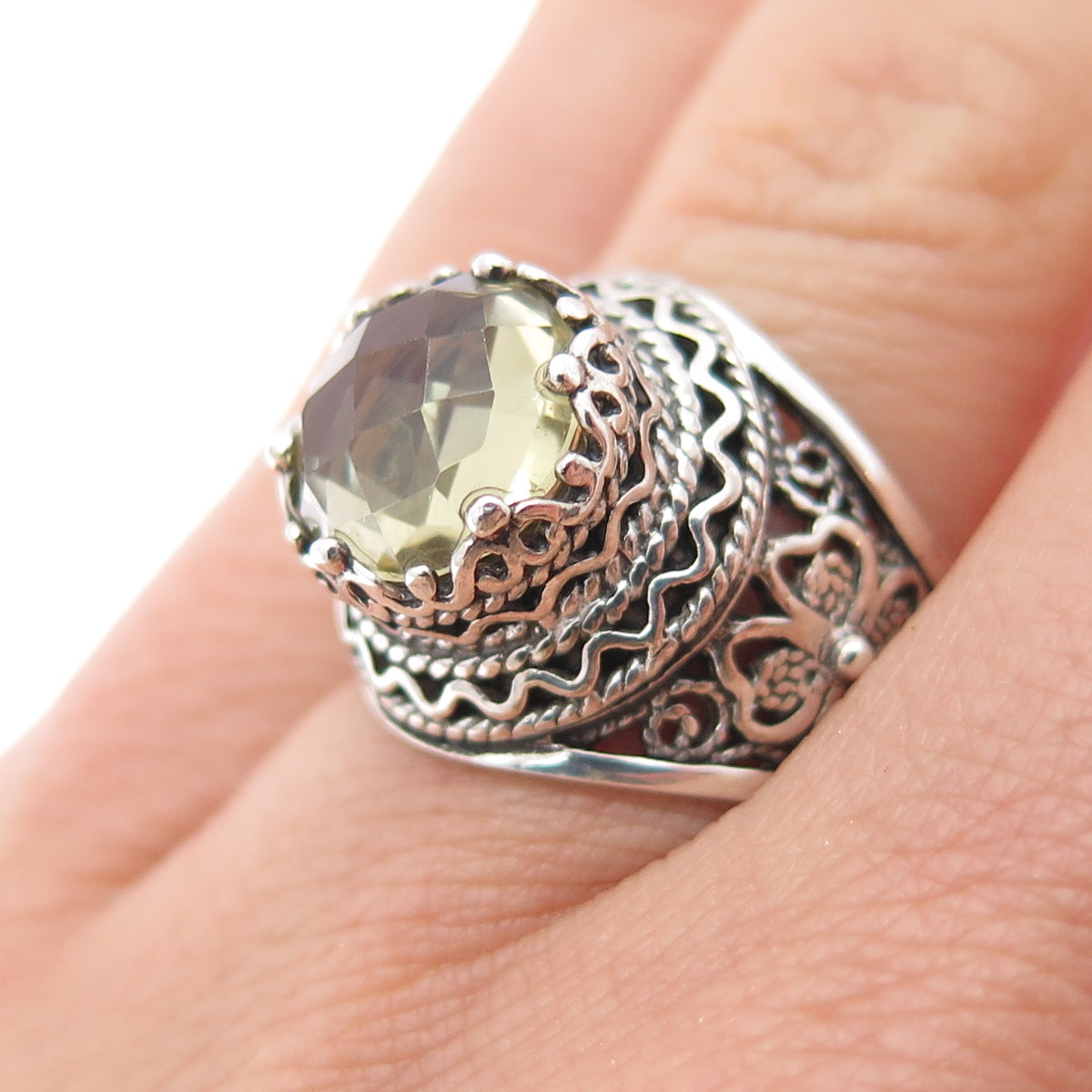925 Sterling Silver Vintage Real Citrine Filigree Clover Lucky Ring Size 6