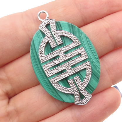925 Sterling Silver Real Diamond & Malachite Longevity Chinese Character Pendant