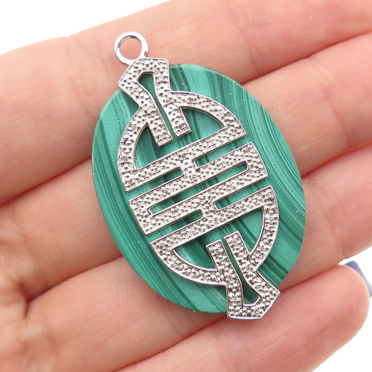 925 Sterling Silver Real Diamond & Malachite Longevity Chinese Character Pendant