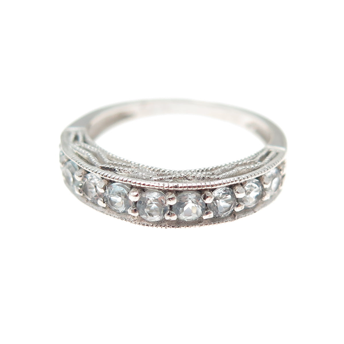 925 Sterling Silver Vintage Real Blue Topaz Half Eternity Band Ring Size 6.25