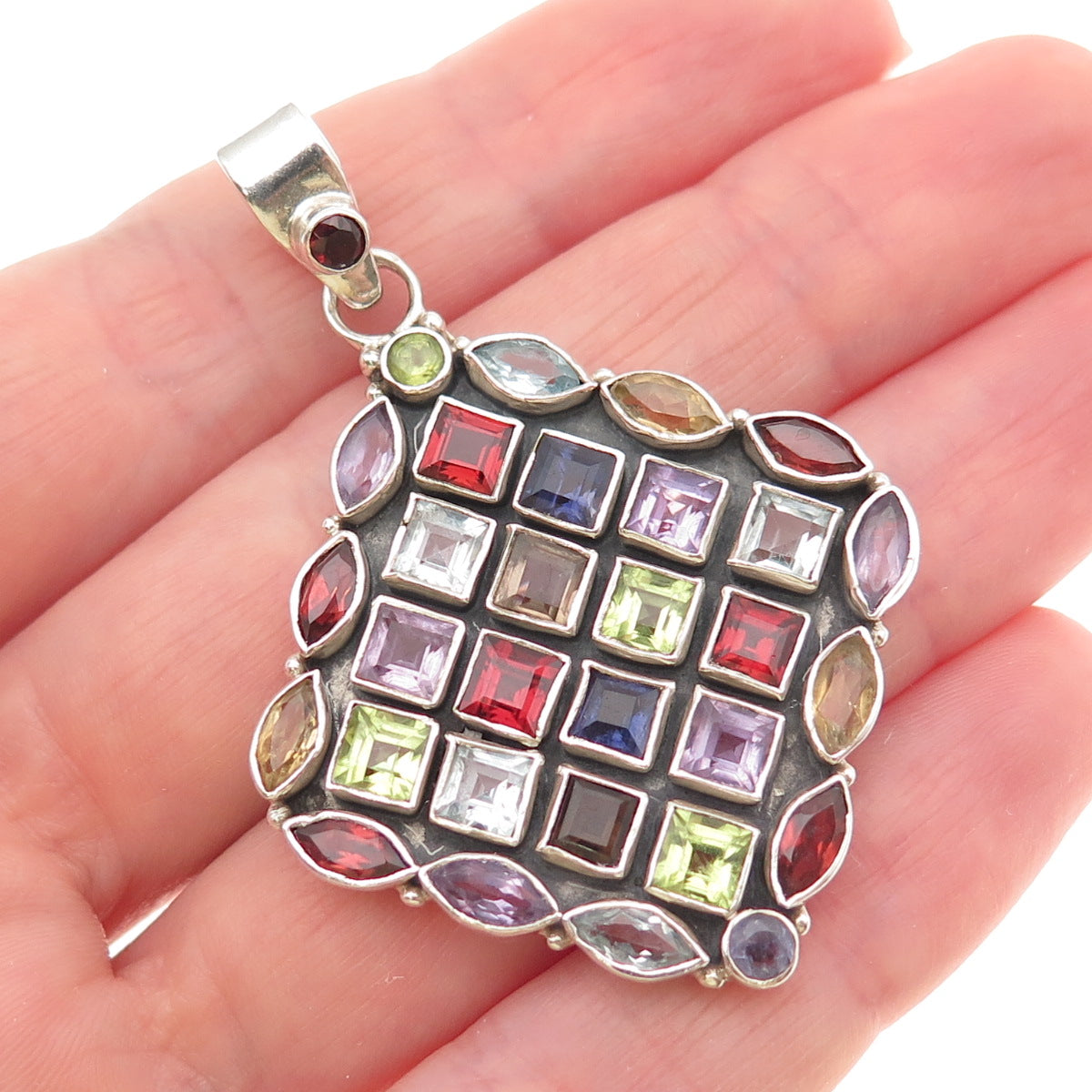 925 Sterling Vintage Real Topaz Iolite Amethyst Citrine Peridot & Garnet Pendant