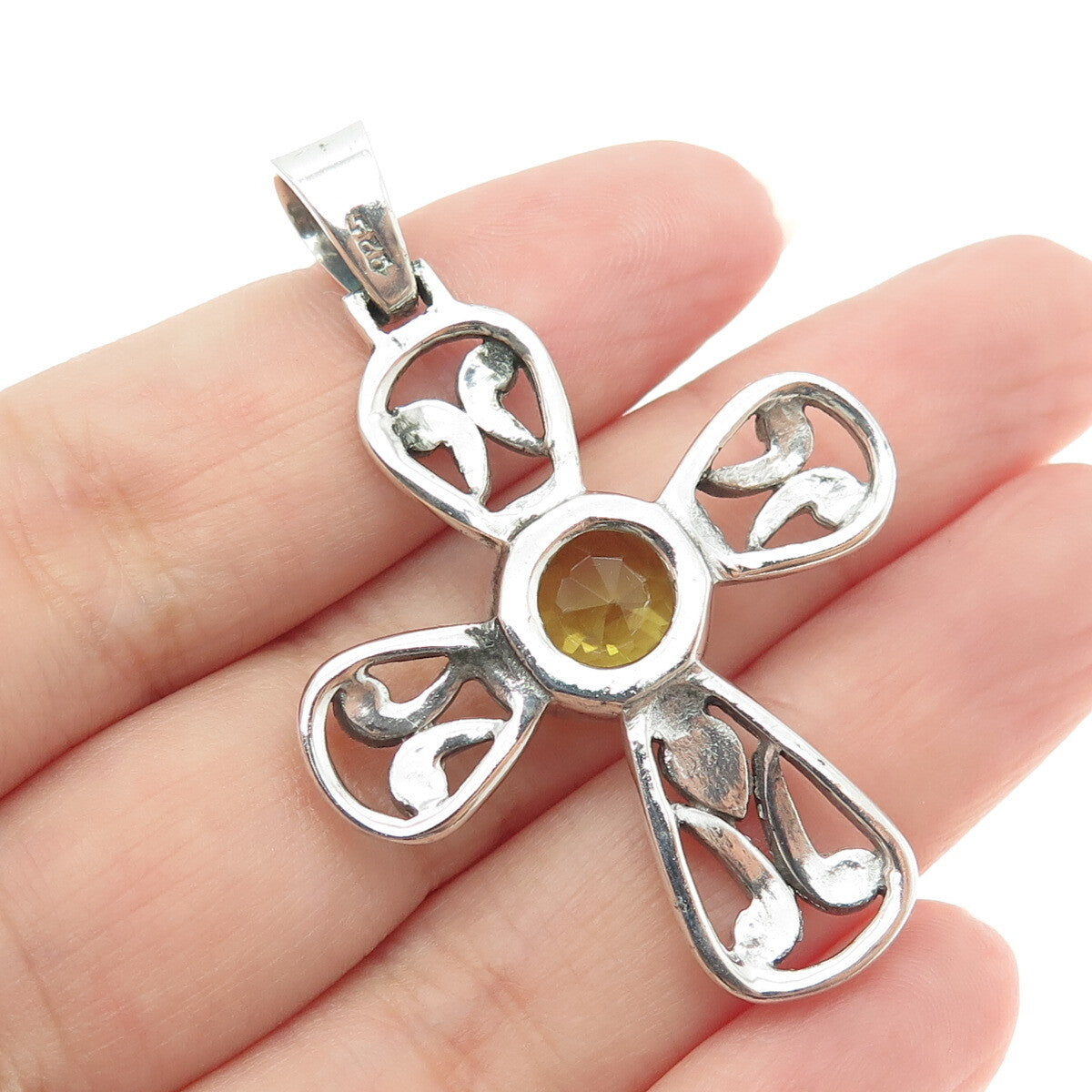 925 Sterling Silver Vintage Real Lime Citrine Gemstone Cross Pendant