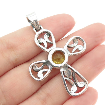925 Sterling Silver Vintage Real Lime Citrine Gemstone Cross Pendant