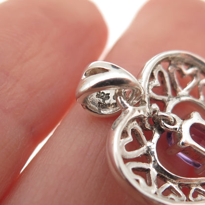 925 Sterling Silver Vintage Real Oval-Cut Amethyst Heart Charm Pendant