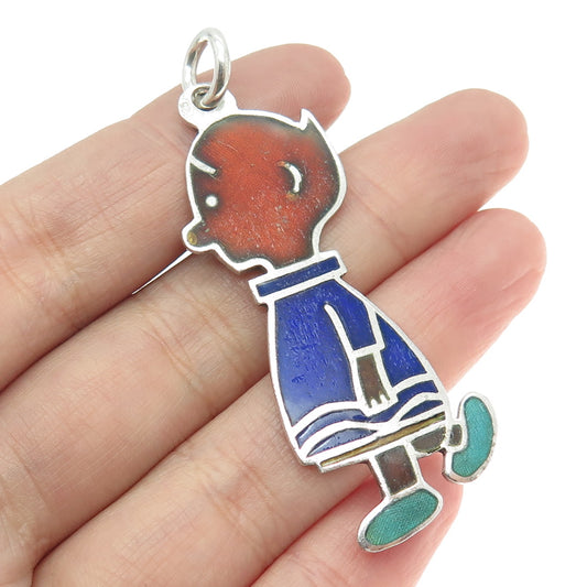 925 Sterling Silver Vintage Enamel Boy Cartoon Character Pendant