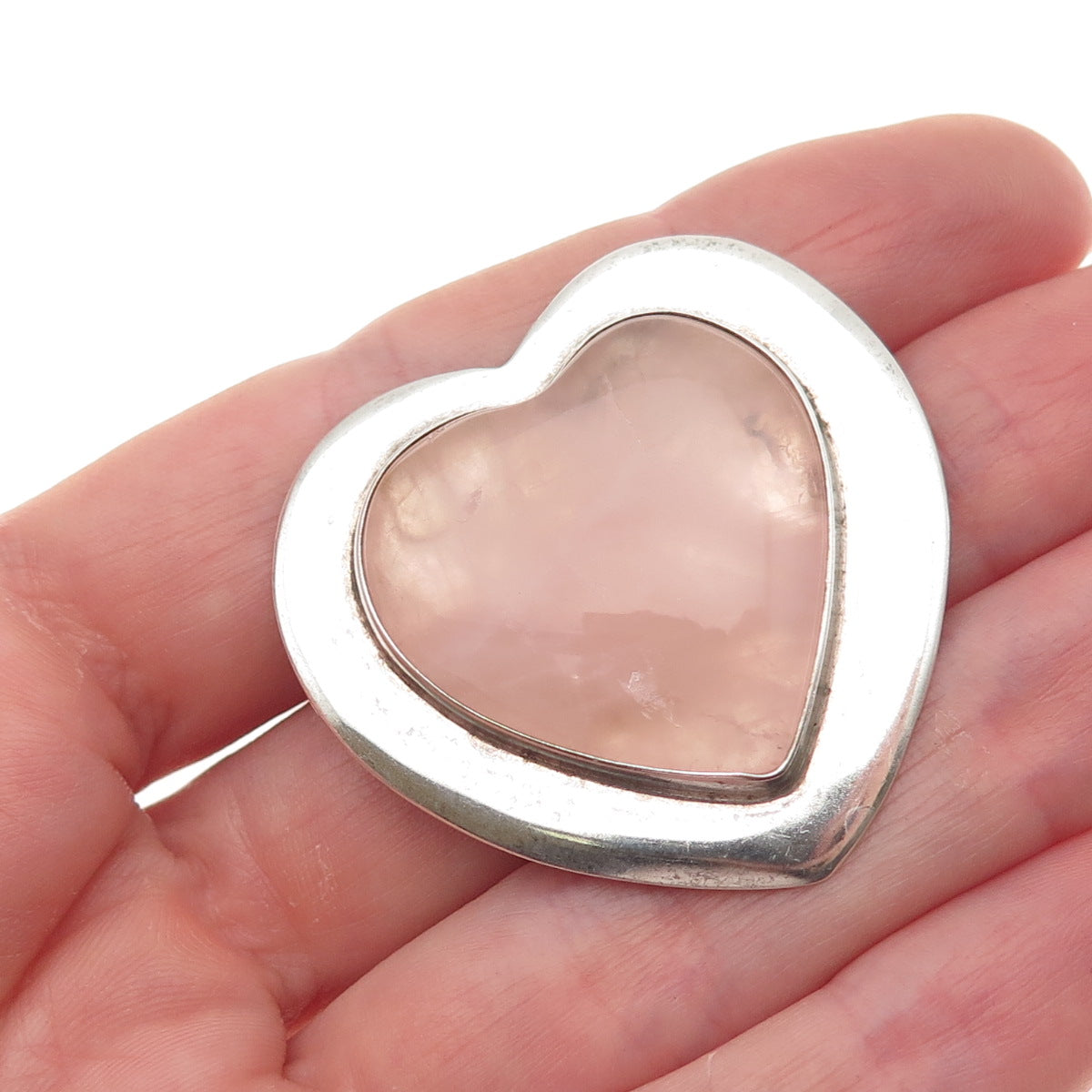 GFMW Great Falls Metal Works 925 Sterling Vintage Real Rose Quartz Heart Brooch