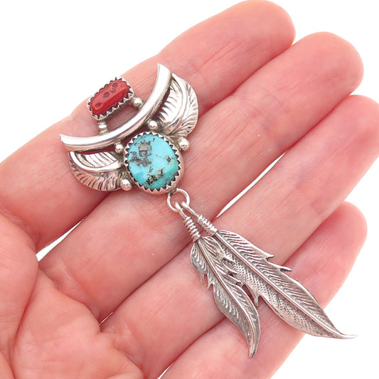 Old Pawn Sterling Silver Vintage Turquoise & Coral Feather Tribal Slide Pendant