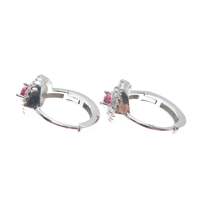 925 Sterling Silver Heart-Cut Pink & Round-Cut White C Z Hoop Earrings