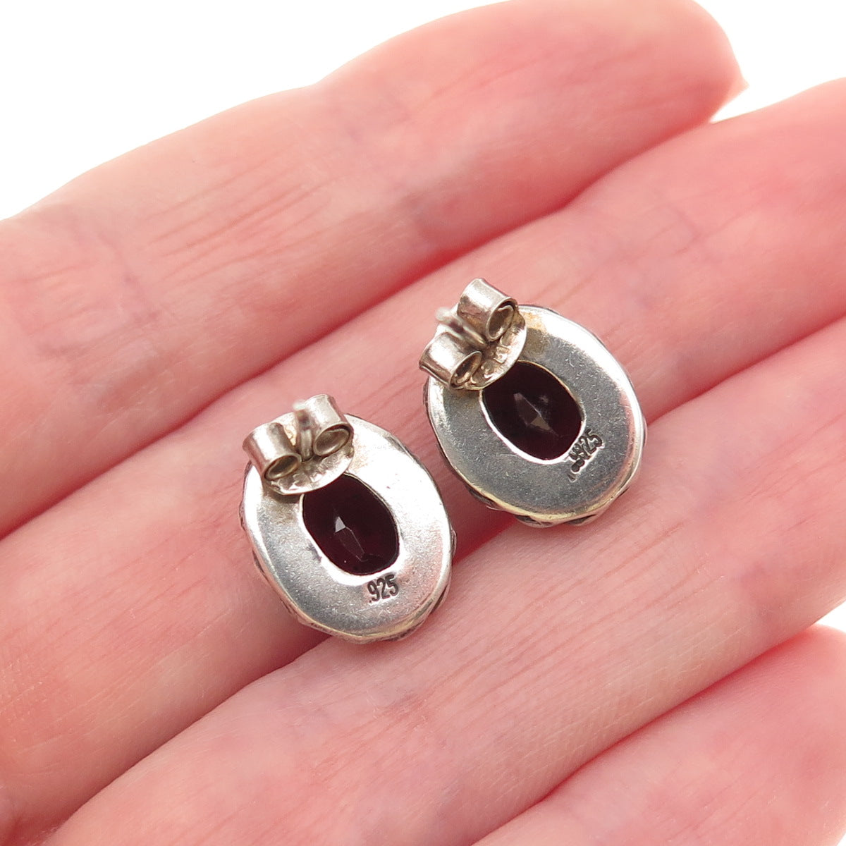 925 Sterling Silver Vintage Real Red Garnet Oxidized Stud Earrings