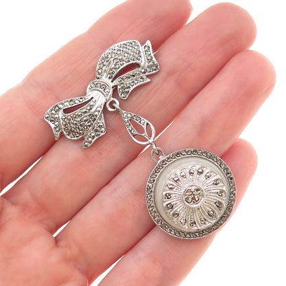 Kimler & Daniel Sterling Antique Art Deco Real MOP Marcasite Bow Locket Brooch