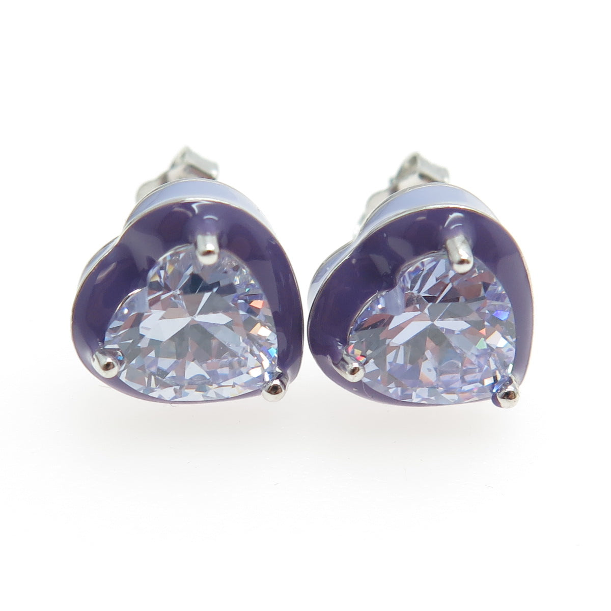 925 Sterling Silver Lavender Enamel Heart-Cut C Z Earrings