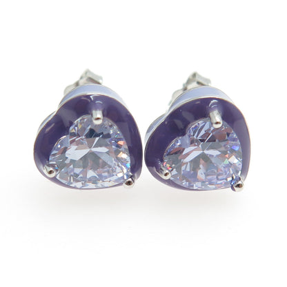 925 Sterling Silver Lavender Enamel Heart-Cut C Z Earrings