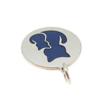 925 Sterling Silver Blue Enamel Mom & Child Cat Round Minimalist Charm Pendant