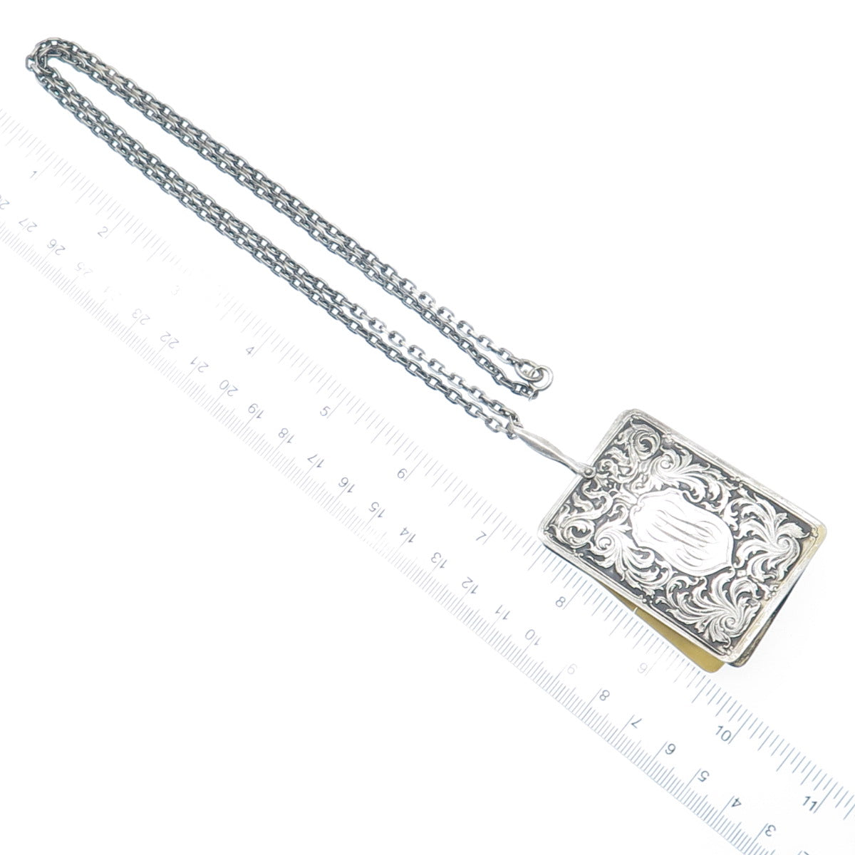 925 Sterling Silver Antique Engraved Notebook Chatelaine Oxidized Necklace 26"