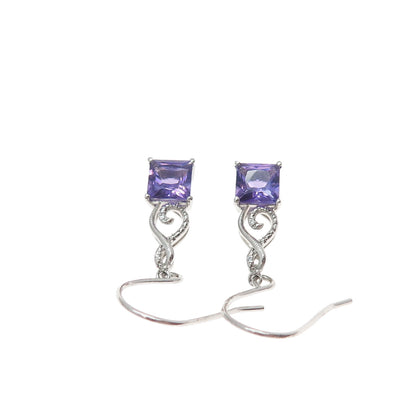 SAI 925 Sterling Silver Real Amethyst & C Z Treble Clef Dangle Earrings