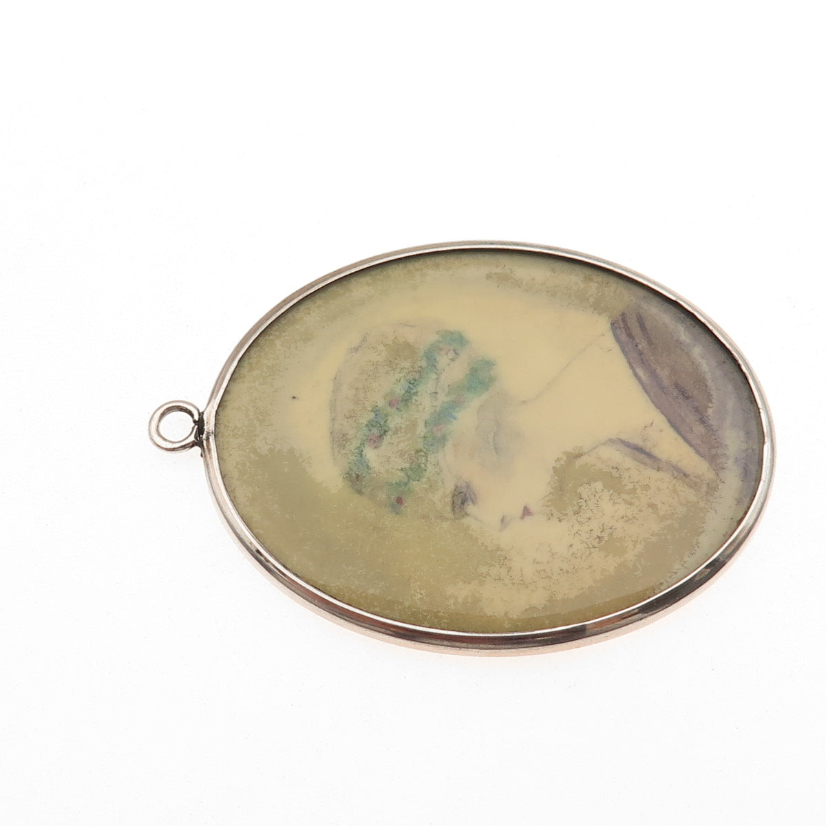 800 Silver Antique Art Deco European Hand-Painted Lady Profile Pendant