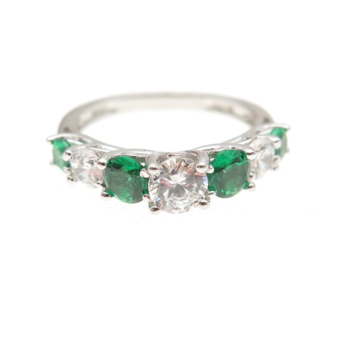 925 Sterling Silver Real Round-Cut Chrome Diopside & C Z Ring Size 5.25