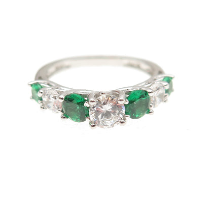 925 Sterling Silver Real Round-Cut Chrome Diopside & C Z Ring Size 5.25
