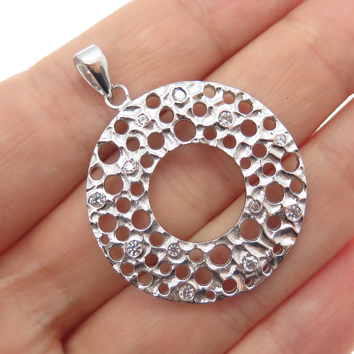 925 Sterling Silver Vintage Round-Cut C Z Modernist Disc Pendant