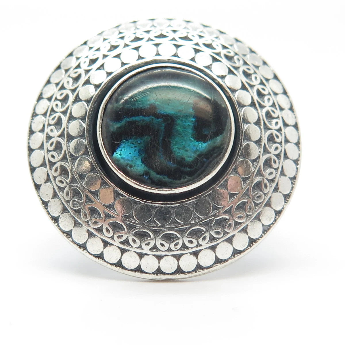 925 Sterling Silver Vintage Real Abalone Shell Dotted Wide Ring Size 6.75